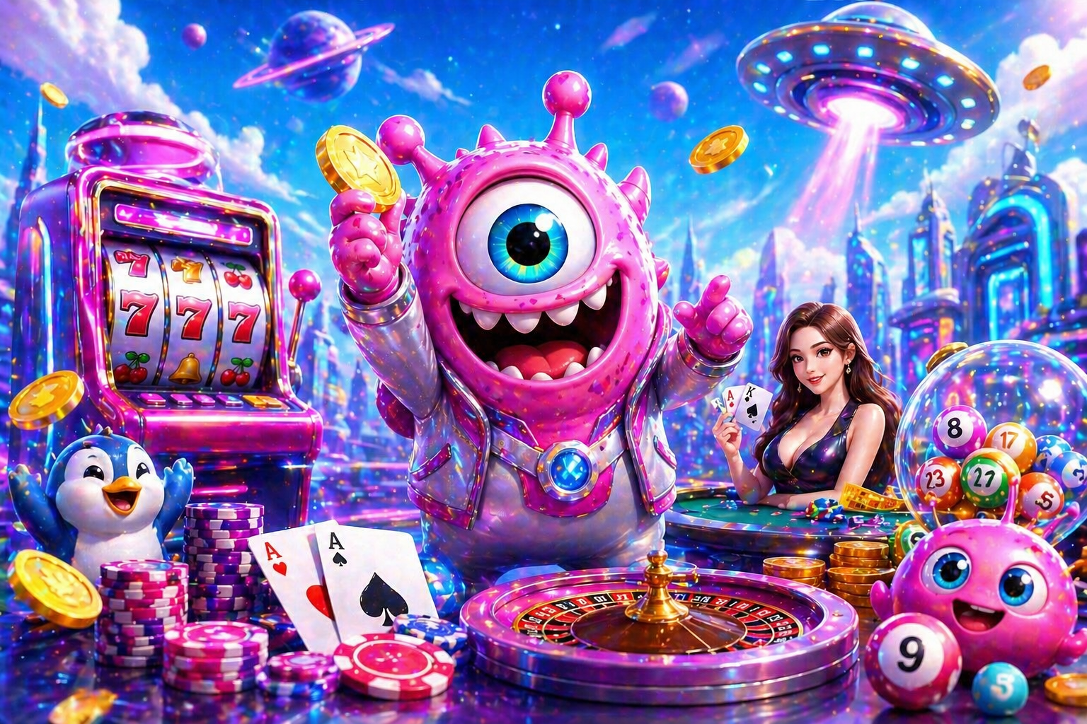 Colorful casino scene with characters.